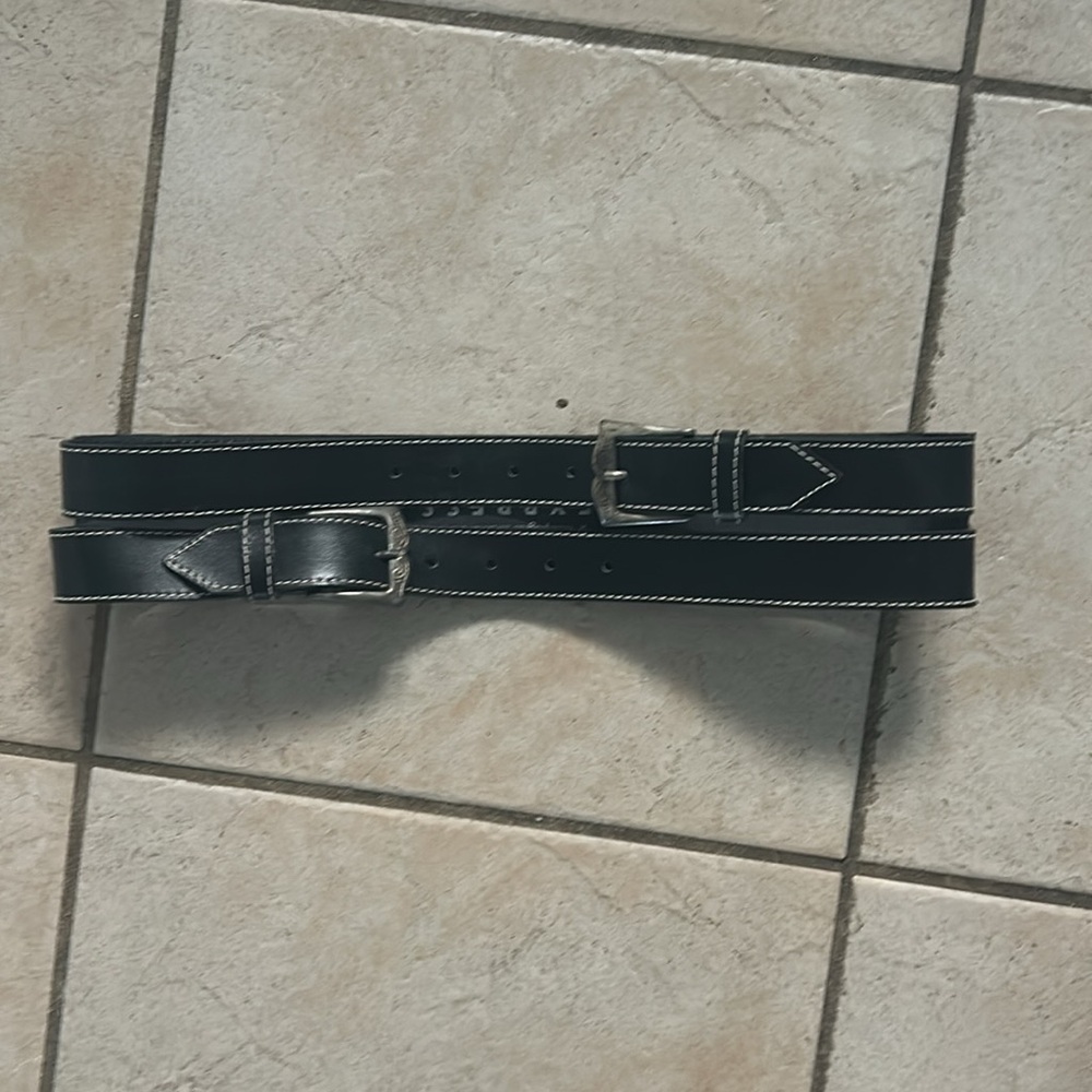 Express Black Leather Thick Belt with Double Asymmetrical Buckles